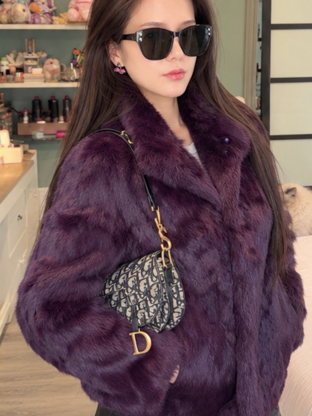 Vintage Purple Genuine Rabbit Fur Jacket Korean Made Y2K Halloween Glam S/M